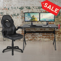Flash Furniture BLN-X10D1904-BK-GG Black Gaming Desk and Black Racing Chair Set with Cup Holder, Headphone Hook & 2 Wire Management Holes